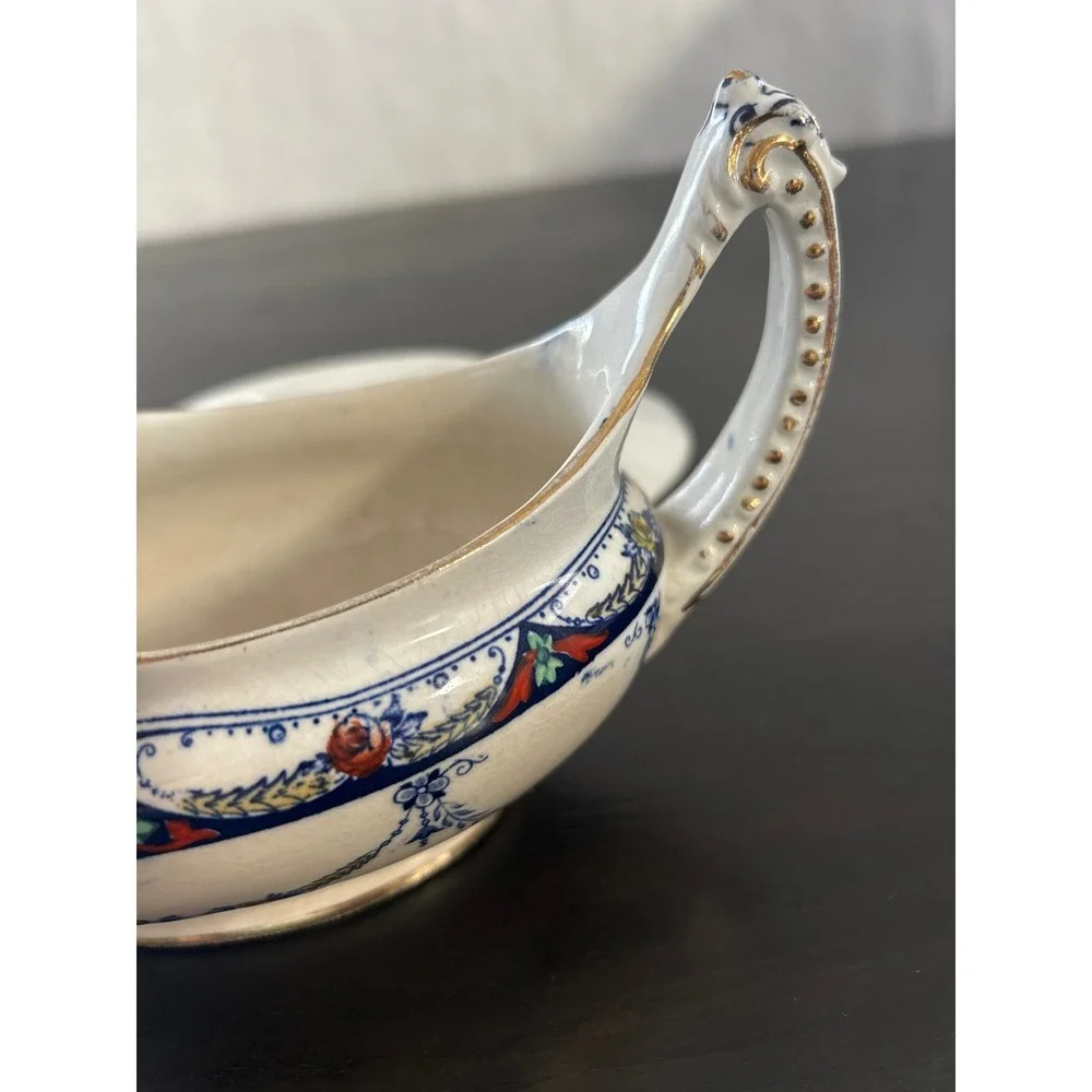 Barker Bros Merton Gravy Boat with Underplate Blue Floral Gold Trim England